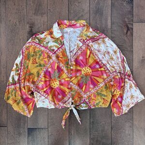 Haute Hippie Women’s XL Tie-Front Blouse Tropical Floral Boho Resort Vacation